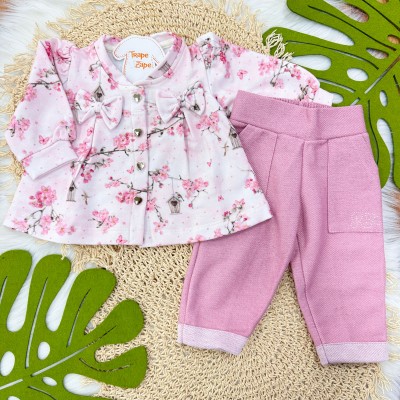 Conj. Casaco Florzinhas com Casinhas de Passarinhos  e Calça de Linho - Rose